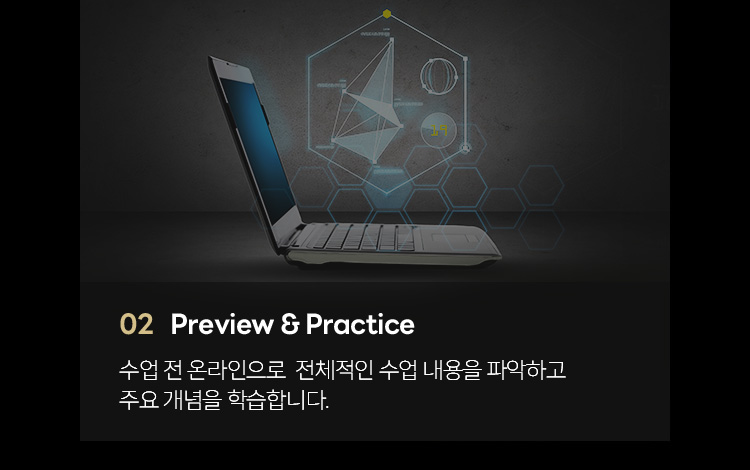 02. Preview & Practice: 수업 전 온라인으로 전체적은 수업내용을 파악하고 주요 개념을 학습합니다.