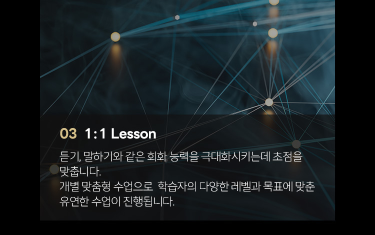 03. 1:1 Lesson: 듣기, ㅁ라하기와 같은 회화 능력을 극대화시키는데 처점을 맞춥니다.